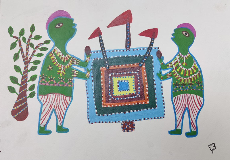 "A priest conducting havan", Phoolobai, acrylique sur papier, format : 30 cm x 21 cm, code BGA_002, Prix : 150 €