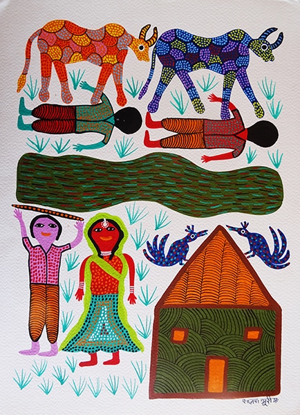 "Scène villageoise", Shanta Bhuriya, acrylique sur papier, format : 28 cm x 38 cm, code : BHI_141, prix : 100 €