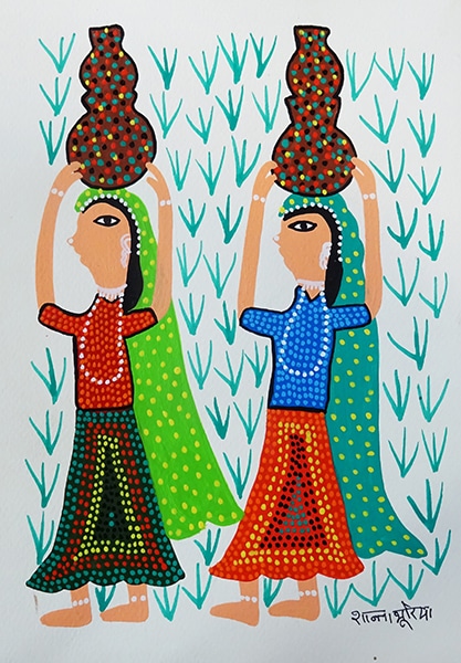 "Porteuses d'eau", Shanta Bhuriya, acrylique sur papier, format : 18 cm x 25 cm, code : BHI_201, prix : 80 €