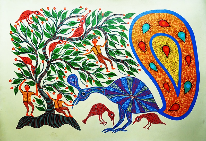 "Sous le regard du paon", Shanta Bhuriya, acrylique sur papier, format : 62 cm x 90 cm, code : BHI_205, prix : 280 €