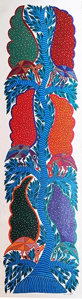 "arbre et oiseaux", Shanta Bhuriya, acrylique sur toile, format : 37 cm x 134 cm, code : BHI_227, prix : 280 €