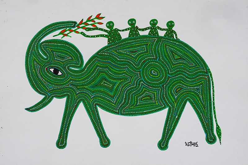 "Elephant riders", Bhuri Bai, acrylique sur papier, format : 38 cm x 56 cm, code BHI_231, prix : 100 €