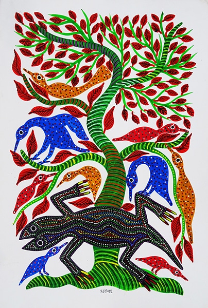 "Crocodile Under a Tree", Bhuri Bai, acrylique sur papier, format : 38 cm x 56 cm, code BHI_233, prix : 350 €