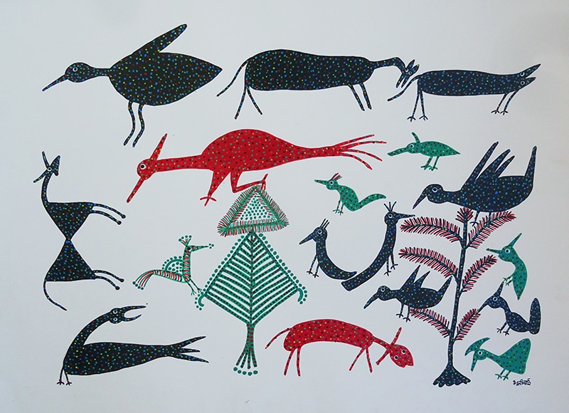 "Animals in forest", Bhuri Bai, acrylique sur papier, format : 76 cm x 56 cm, code BHI_257, prix : 500€