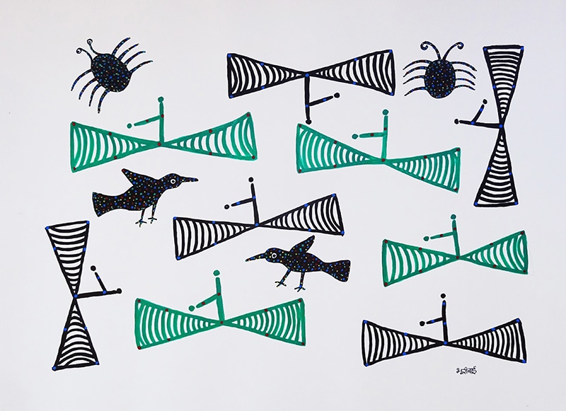 "Les chevaux de la subversion", Bhuri Bai, acrylique sur papier, format : 76 cm x 56 cm, code BHI_262, prix : 500 €