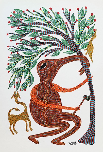 "Elephant facétieux", Bhuri Bai, acrylique sur papier, format : 56 cm x 38 cm, code : BHI_284, prix : 350 €