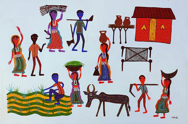 "Le couple de la rencontre au décès", Bhuri Bai, acrylique sur toile, format : 90 cm x 60 cm, code : BHI_293, prix : 600 €