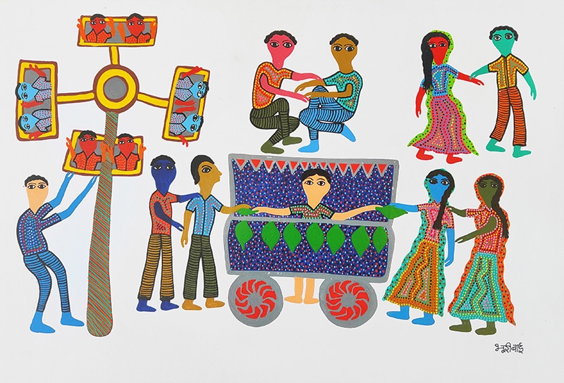 "Un couple emblématique de la tribu Bhil", Bhuri Bai, acrylique sur papier, format : 56 cm x 38 cm, code : BHI_294, prix : 350 €