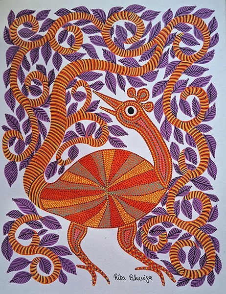 "Paon arborescent", Rita Burya, acrylique sur toile, format : 28 cm x 38 cm, code : BHI_303, prix : 220 €
