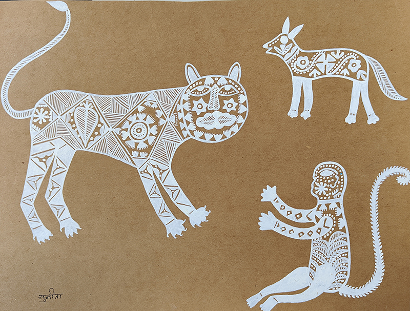 "L'homme, l'âne et le tigre", Sunita Prabat, acrylique sur papier, format : 30 cm x 22 cm, code MEE_003, prix : 120 €