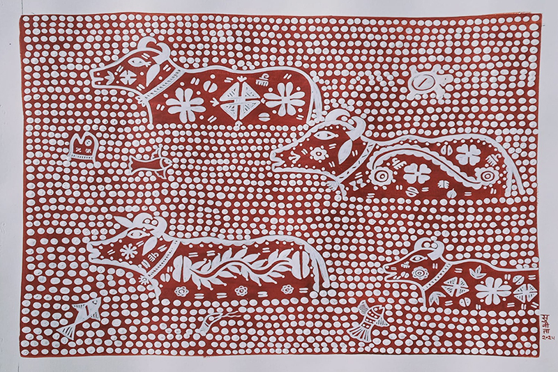 "Le buffle et l'étang", Sunita Prabat, acrylique sur papier, format : 60 cm x 45 cm, code MEE_005, prix : 250 €