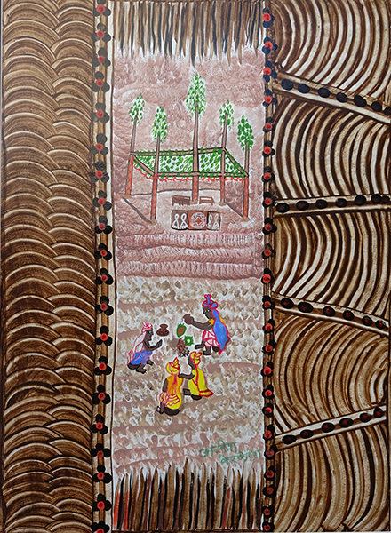 "Dhala puja", Agnesh Kerketta, acrylique et pigments végétaux sur papier, format : 56 cm x 76 cm, code : ORA_009, prix : 300 €