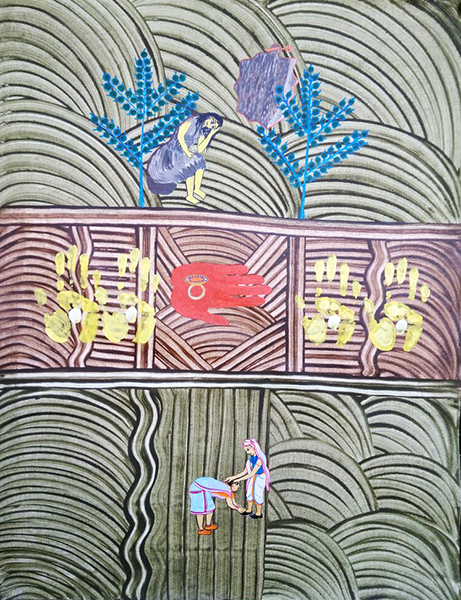 "Peau d'âne", Agnesh Kerketta, acrylique et pigments végétaux sur toile, format : 105 cm x 72 cm, code : ORA_012, prix : 380 €