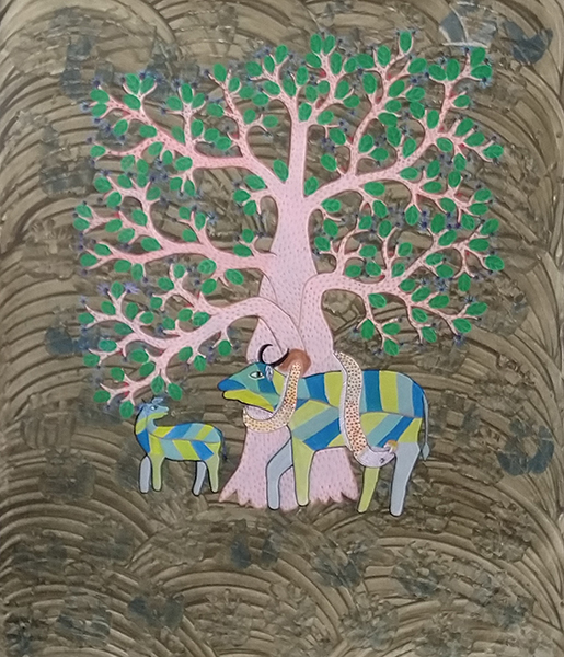 "La vache, le veau et le python", Agnesh Kerketta, acrylique et pigments végétaux sur toile, format : 78 cm x 94 cm, code : ORA_014, prix : 380 €
